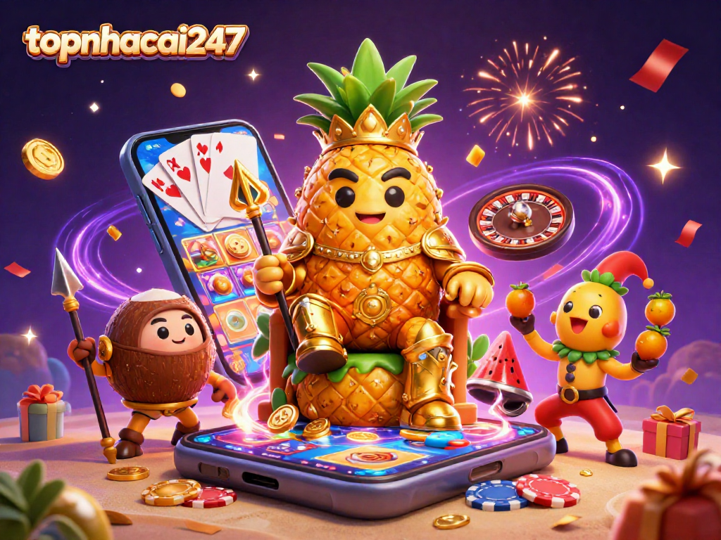 Engage in thrilling gaming moments at topnhacai247 with a vibrant casino scene featuring a pineapple king and game elements.