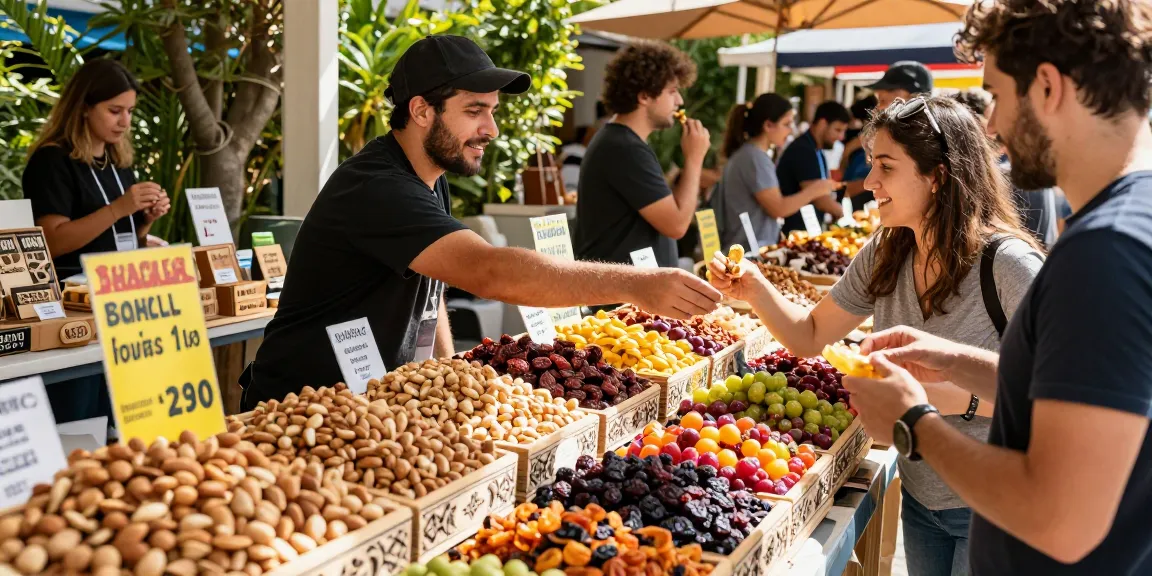 Fresh nuts and dried fruits on display with M98 ฝาก-ถอน promotion in vibrant marketplace.