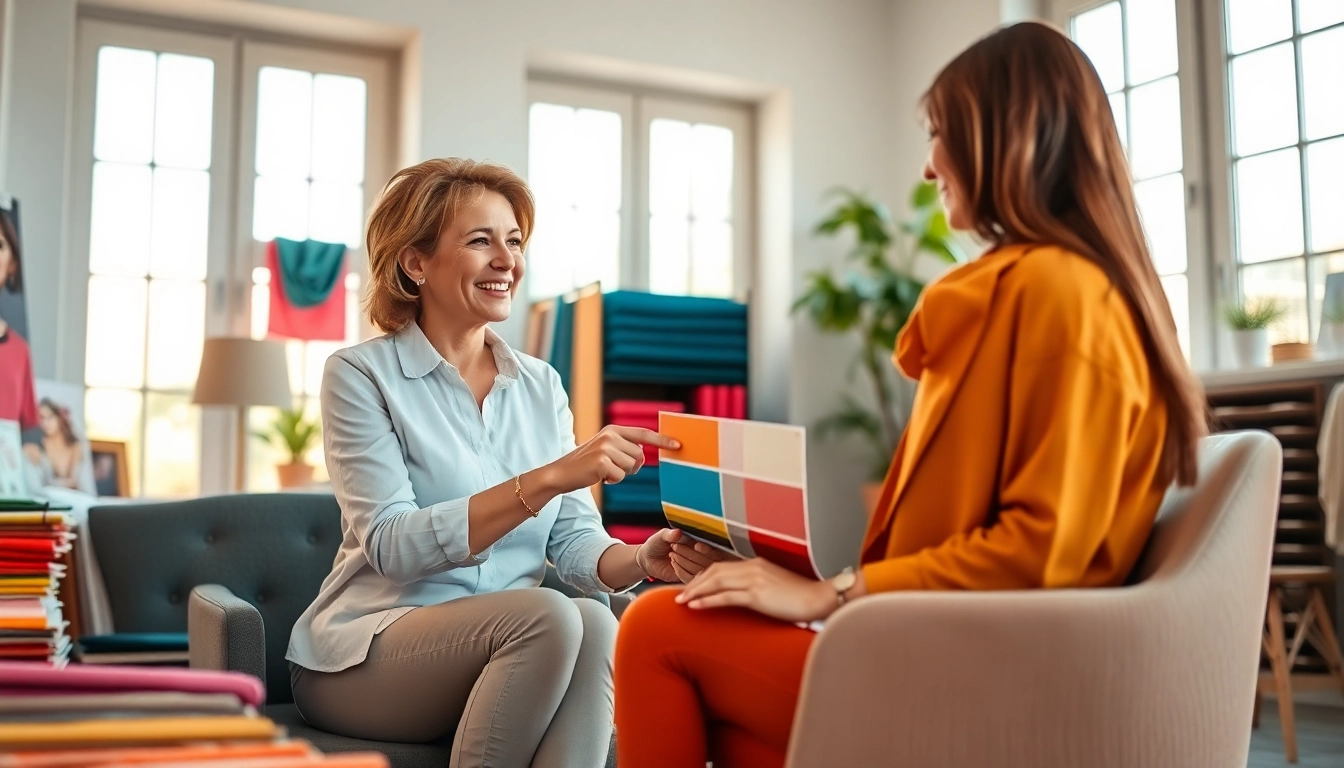 How to find my Perfect style with a professional in a bright office setting, showcasing vibrant color palettes.