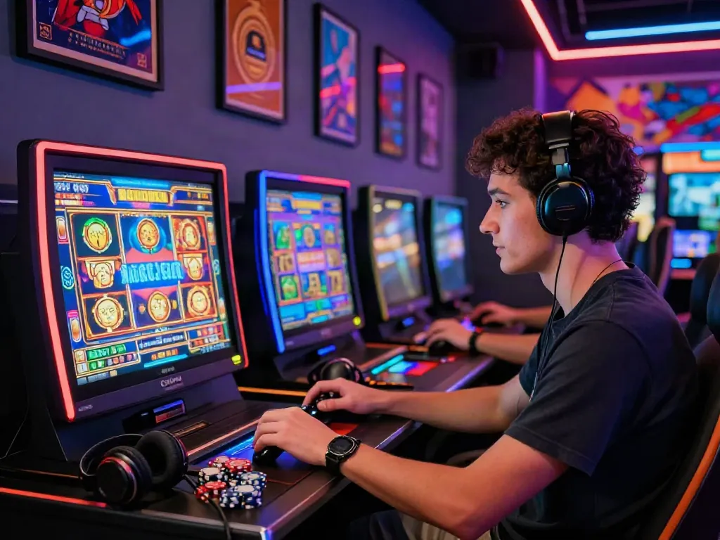 Exciting scene of a player enjoying a slot gacor game at a vibrant online casino setup.