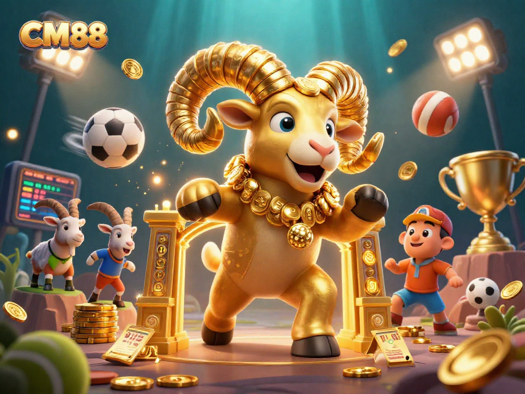 Experience thrilling gaming at CM88 with a charging golden ram amidst dynamic sports elements.