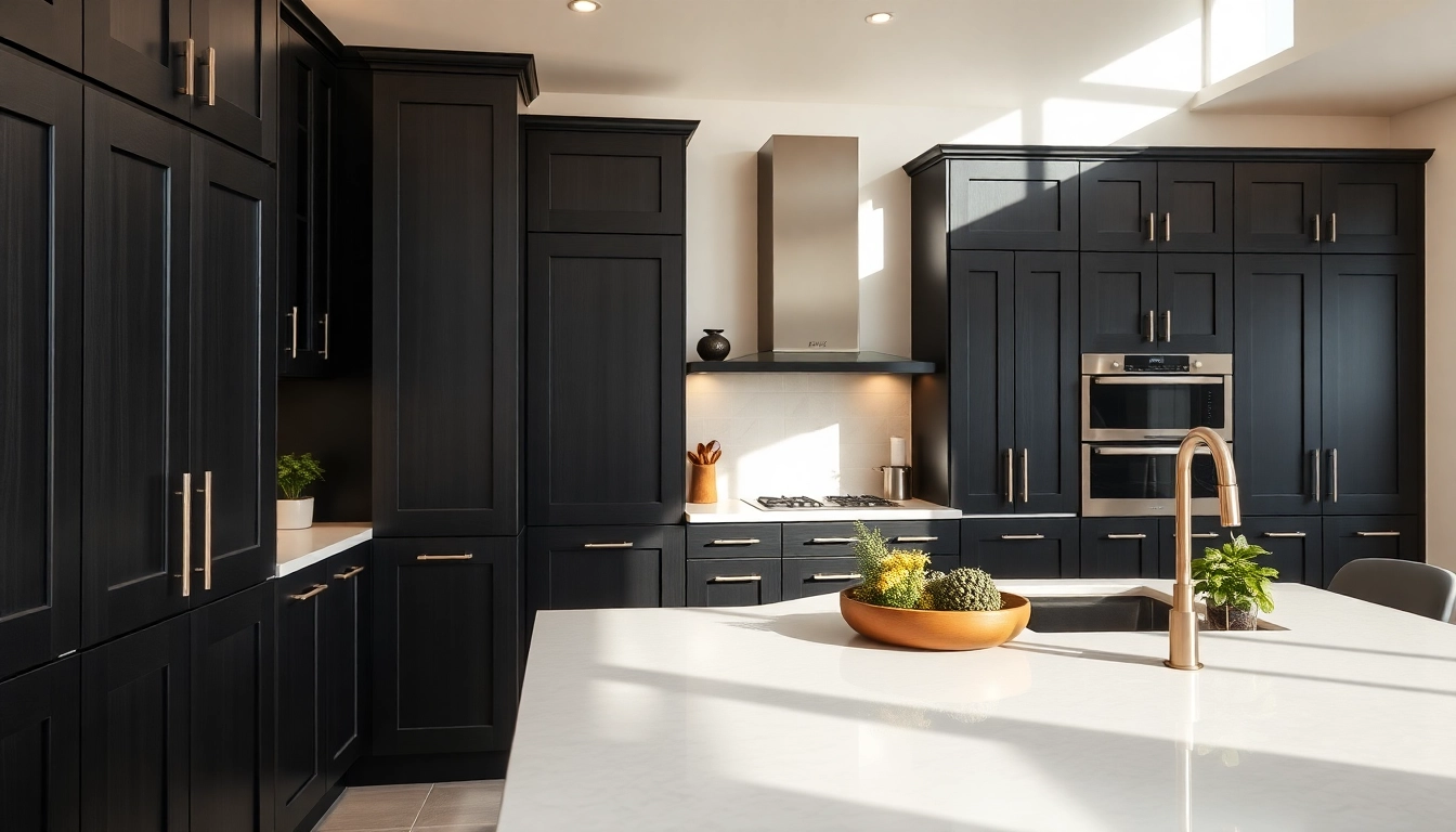 Stylish kitchen with black cabinets, highlighting their sleek design and modern aesthetic.