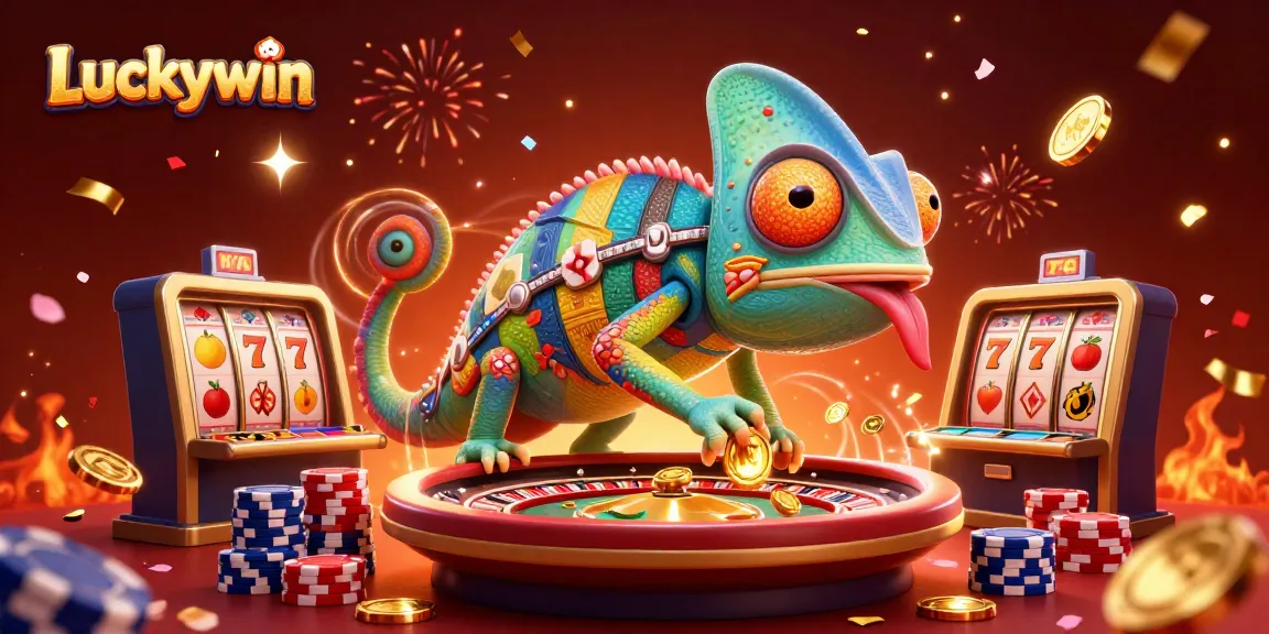 Experience Luckywin's dynamic gambling scene with chameleon casino owner amidst vibrant slot elements and confetti.