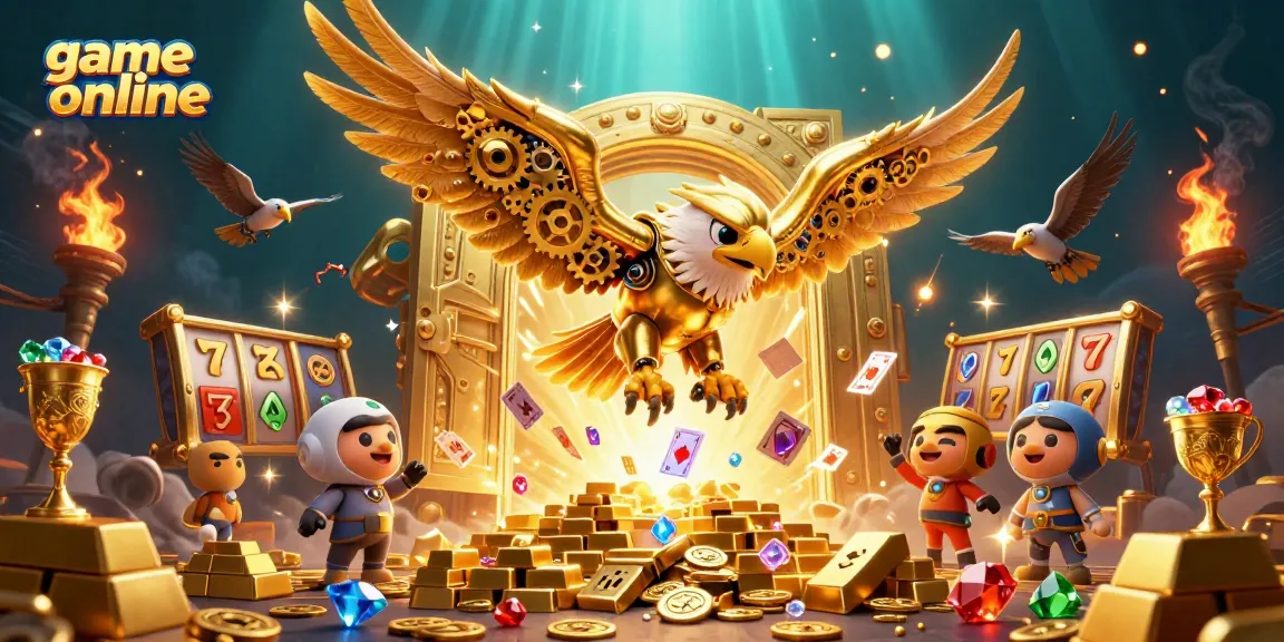 Experience thrilling game online with a cybernetic eagle surrounded by slot reels and golden treasures.
