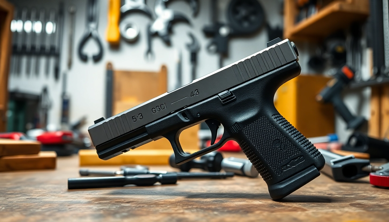 Discover the precision of glock 43 slide mos in a well-lit workshop setting.