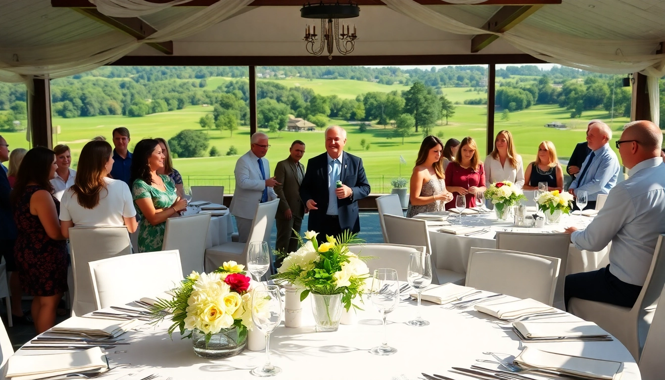 Hosting Events: Elegant setup at a golf facility with guests enjoying festivities.