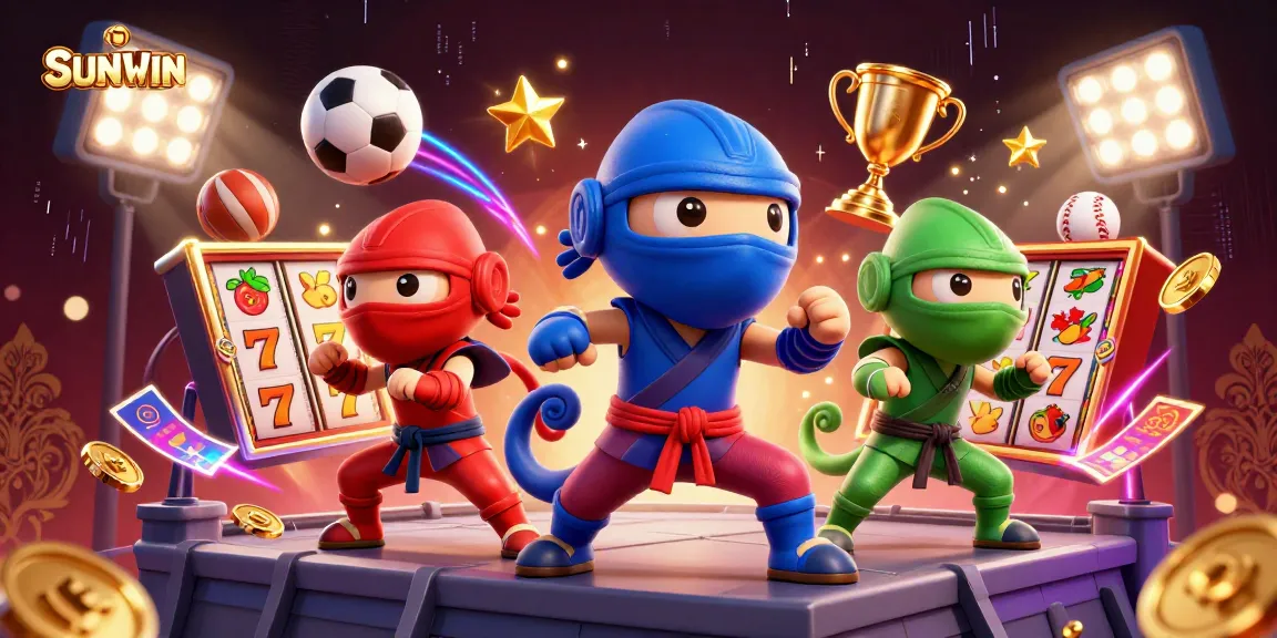 SUNWIN showcases a vibrant scene with a team of chameleon ninjas and dynamic slot reels, emphasizing exciting gameplay.