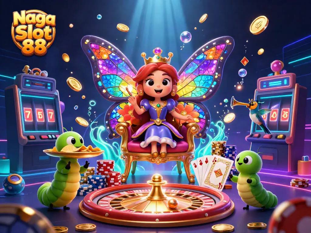 Win big with Naga Slot 88 in a vibrant casino scene featuring a butterfly queen and dazzling elements.