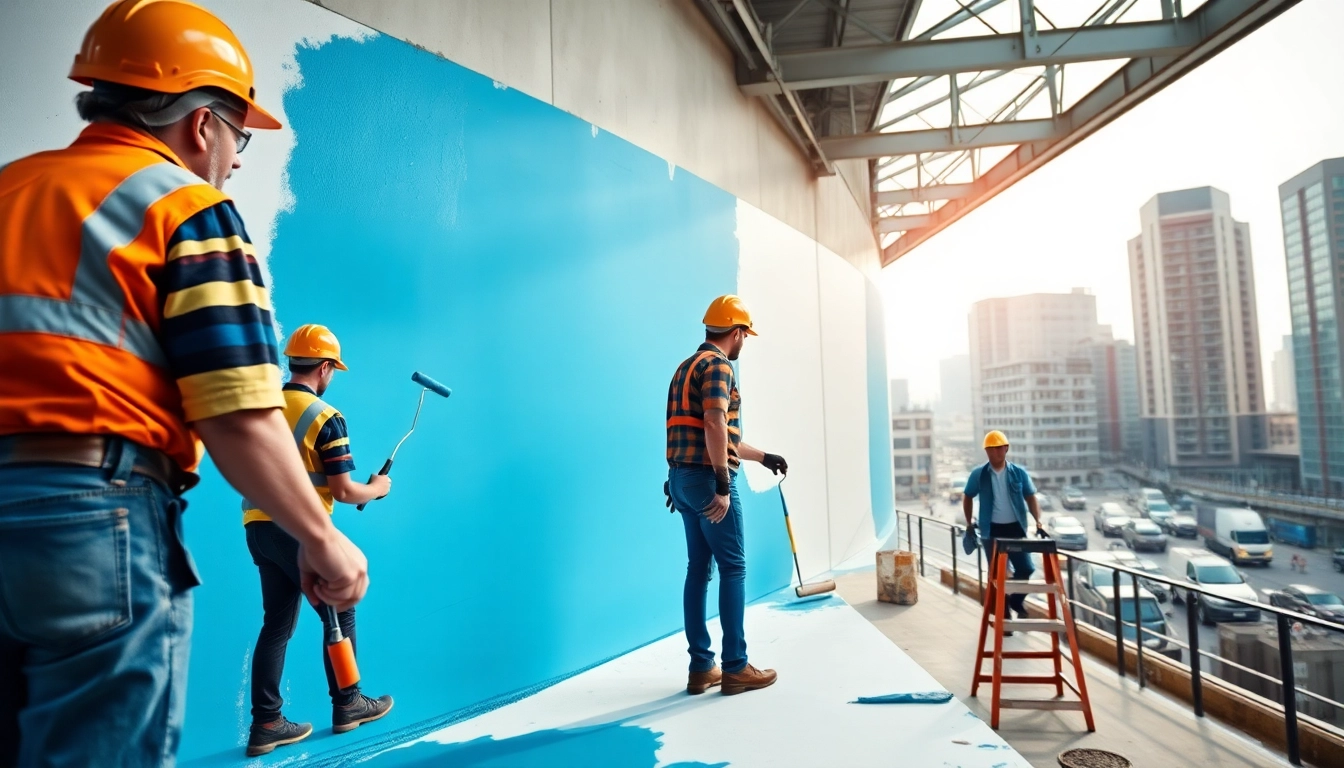 Engaging commercial painting service workers revitalizing a building's exterior.