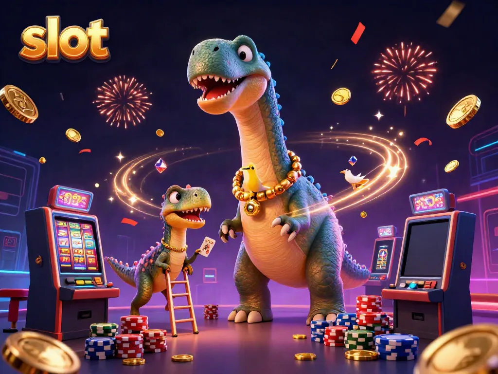 Engage in thrilling slot gameplay with a colossal dinosaur and raptor in a vibrant casino scene.