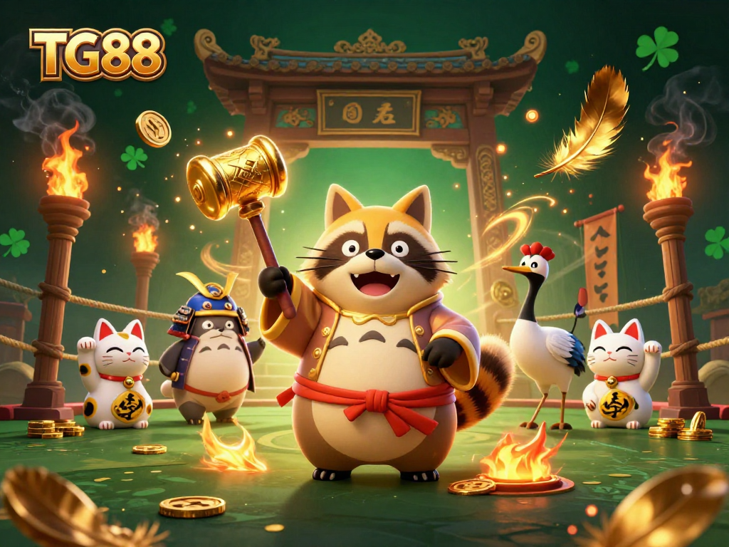Experience captivating gaming at TG88 with cheerful characters and vibrant casino elements.