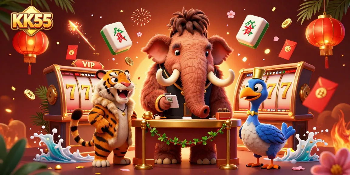 Engaging 3D scene of the KK55 casino with a woolly mammoth bouncer, saber-tooth tiger VIP, and dodo doorman.