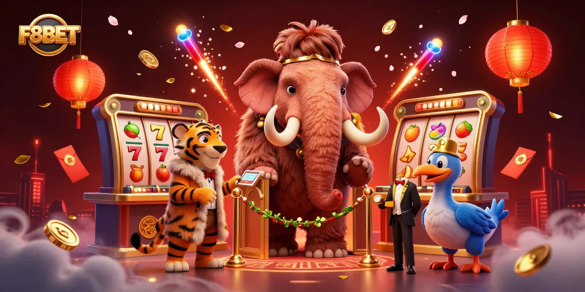 F8BET ignites casino excitement with a vibrant mammoth bouncer and saber-tooth guest.