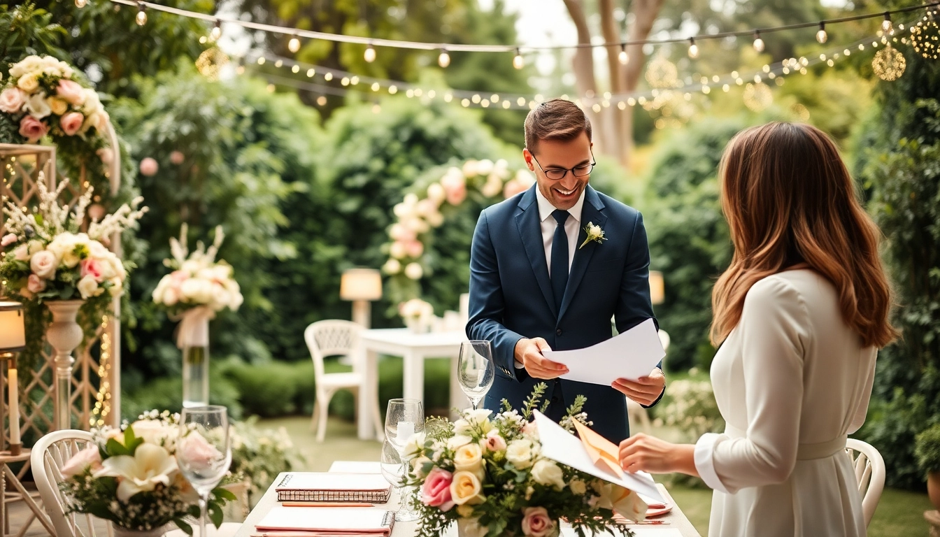 Professional dc wedding planner coordinating a romantic outdoor wedding setup with floral decorations.