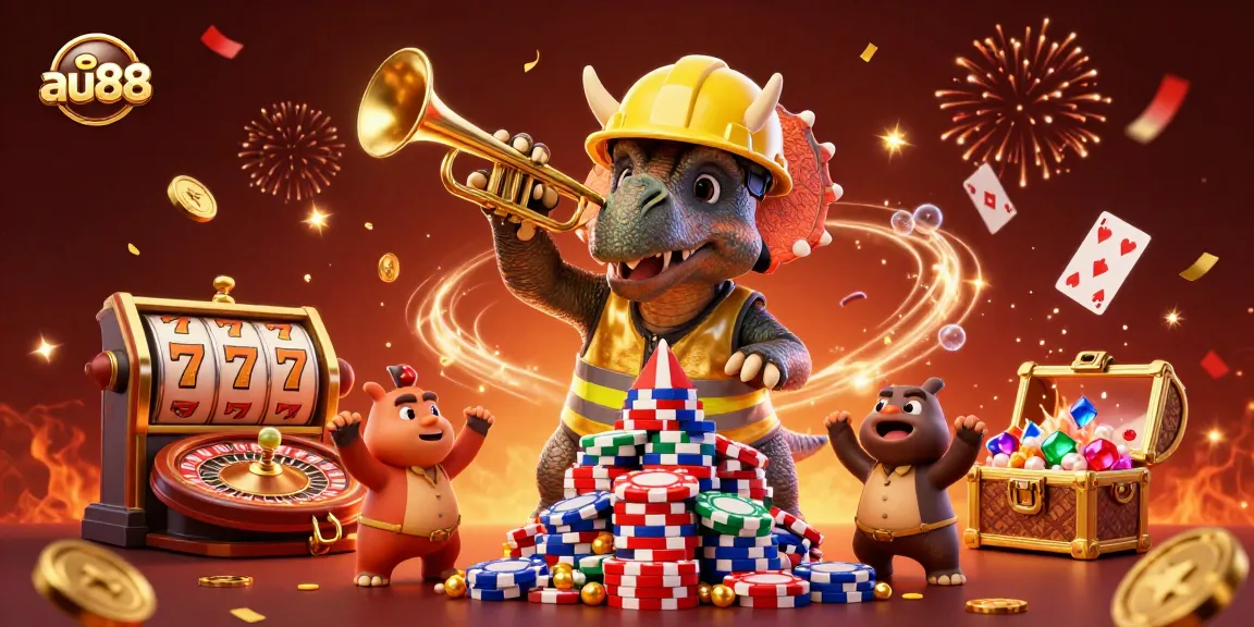 Experience gaming excitement at au88 as triceratops builds a poker chip tower amidst slot reels and confetti.