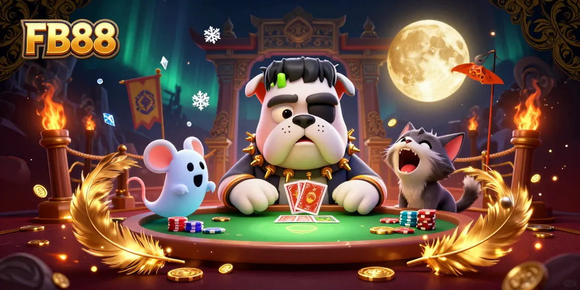 Engage with FB88's thrilling gaming atmosphere featuring a Frankenstein bulldog and werewolf kitten.