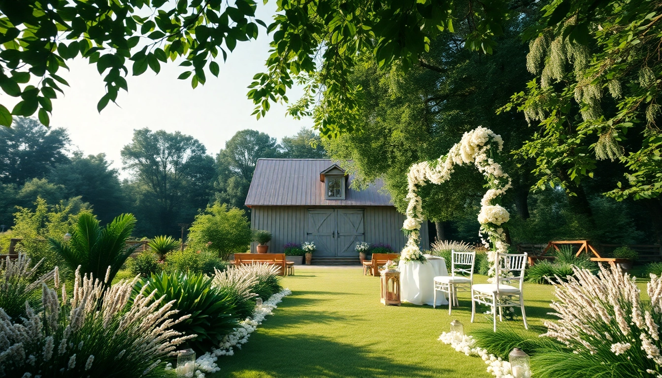 Capture a dreamy wedding venue with floral decorations and rustic charm, perfect for ceremonies.