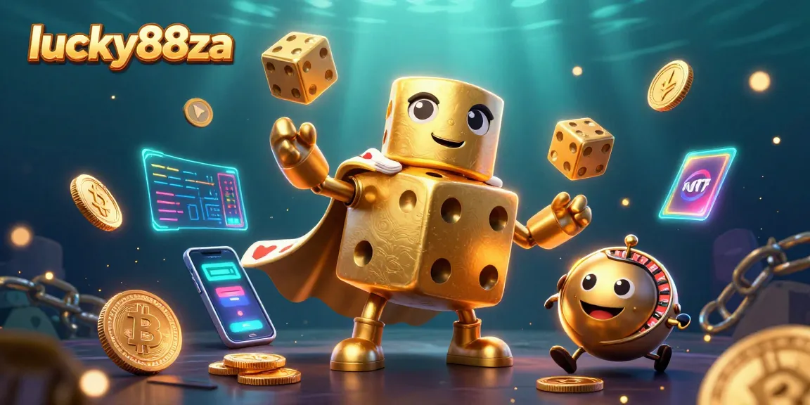 Engage with luck and strategy at lucky88za with a dynamic casino scene featuring golden dice and blockchain elements.