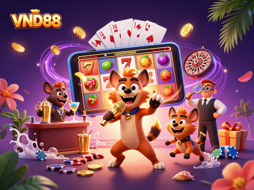 Experience the vibrant VND88 casino scene with animated hyenas, slot games, and cocktails!