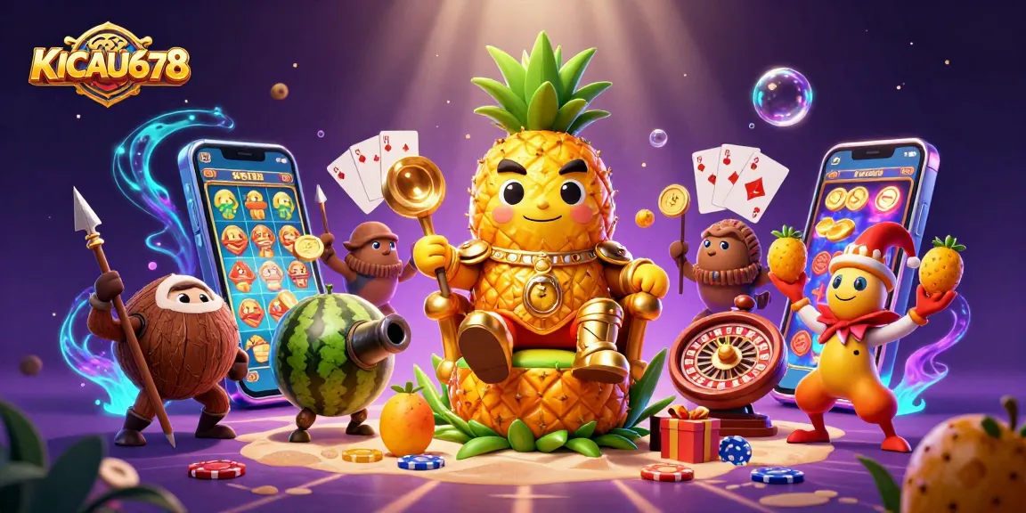 KICAU678 offers a thrilling gaming scene with a pineapple king and vibrant slot action.