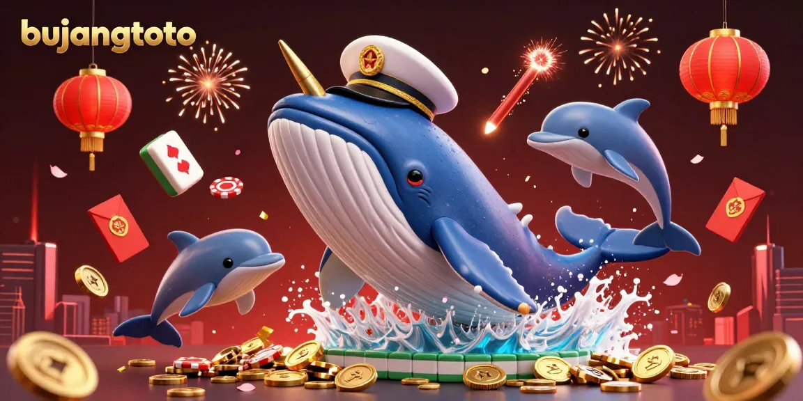 Experience the thrill of bujangtoto with a playful whale breaching through a sea of coins in this vibrant casino scene.
