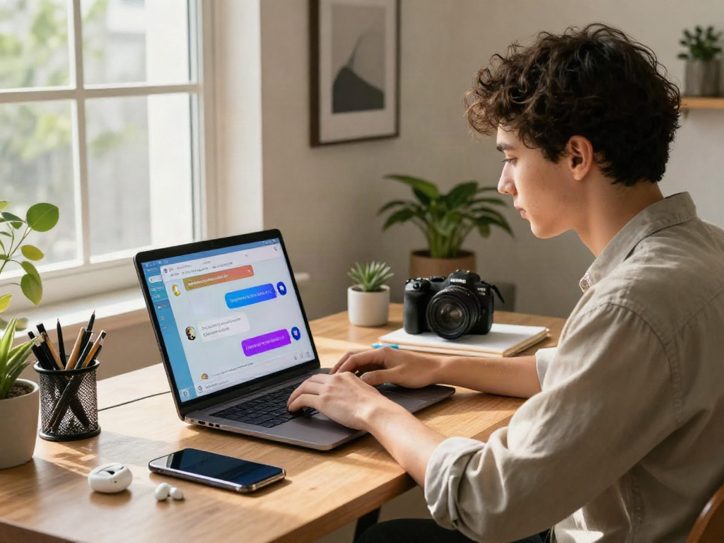 User interacting with an nsfw chat bot on a sleek laptop in a stylish home office setting, surrounded by modern tech and decor.