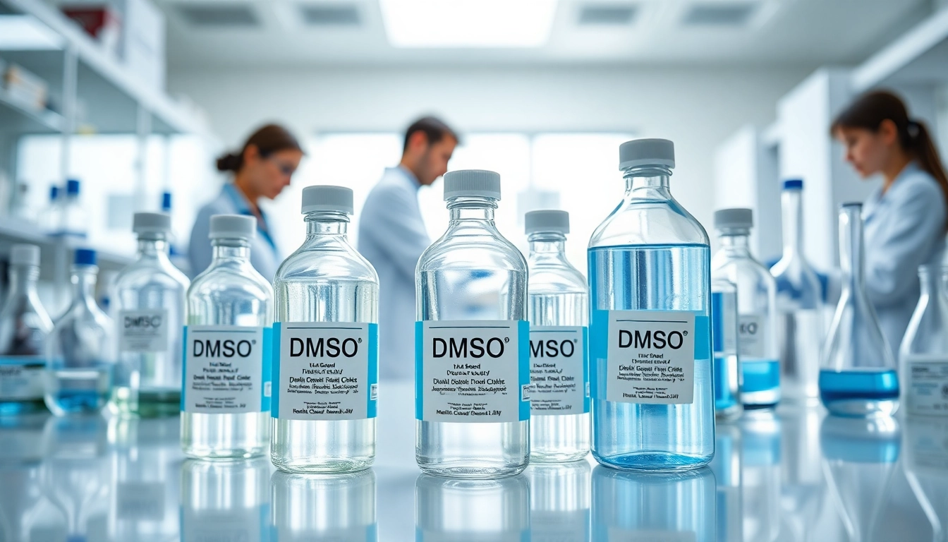 DMSO com display featuring pure dimethyl sulfoxide products in a professional lab environment.