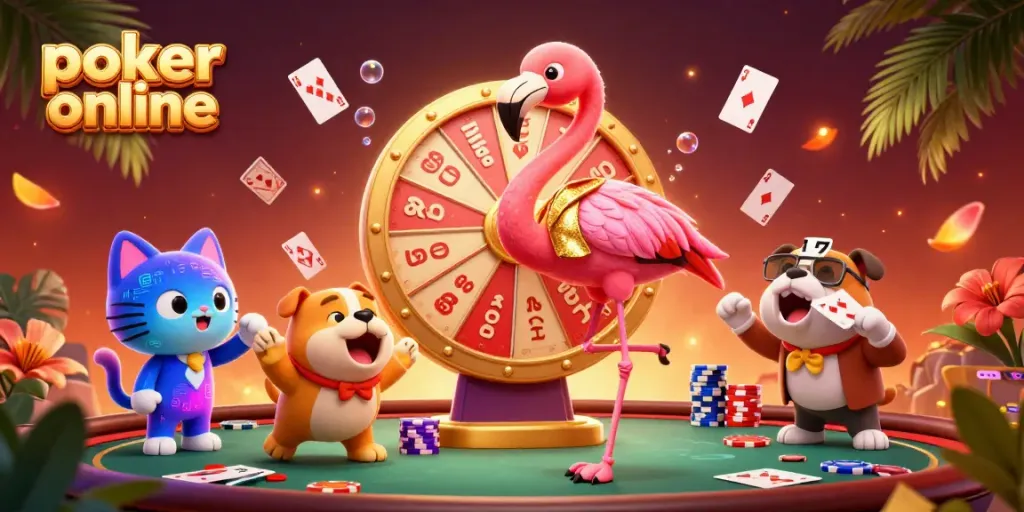 Engage in poker online excitement as cartoon characters showcase vibrant casino action.