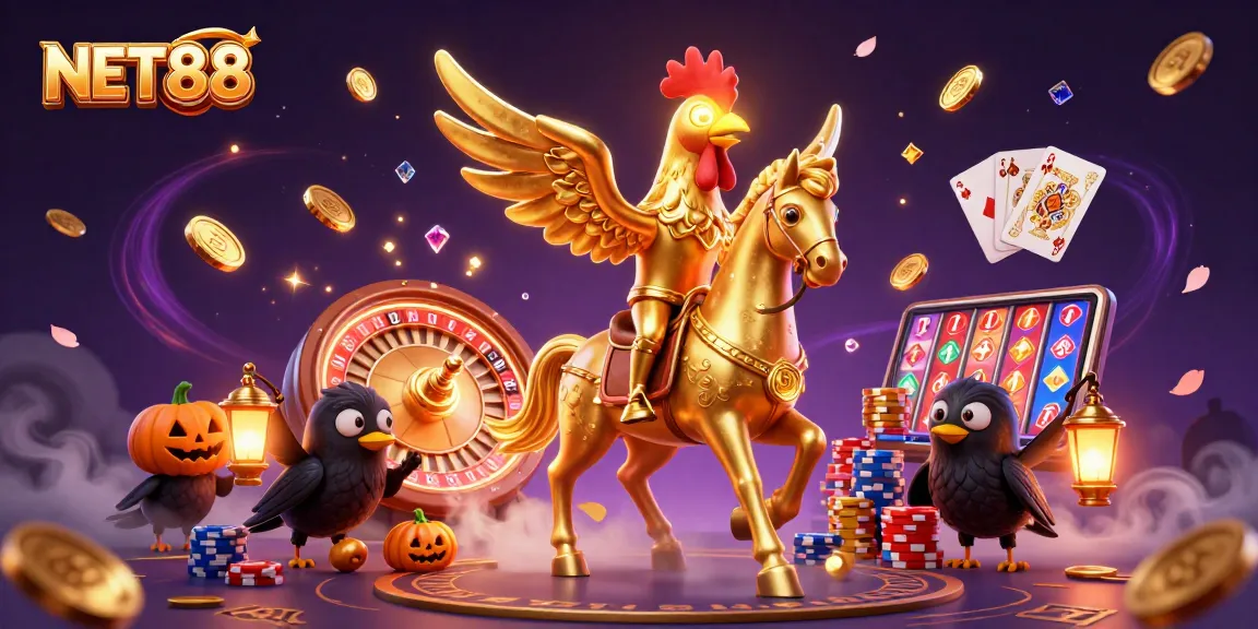 Experience thrilling gameplay with NET88's vibrant 3D casino scene featuring golden rooster and mystic symbols.