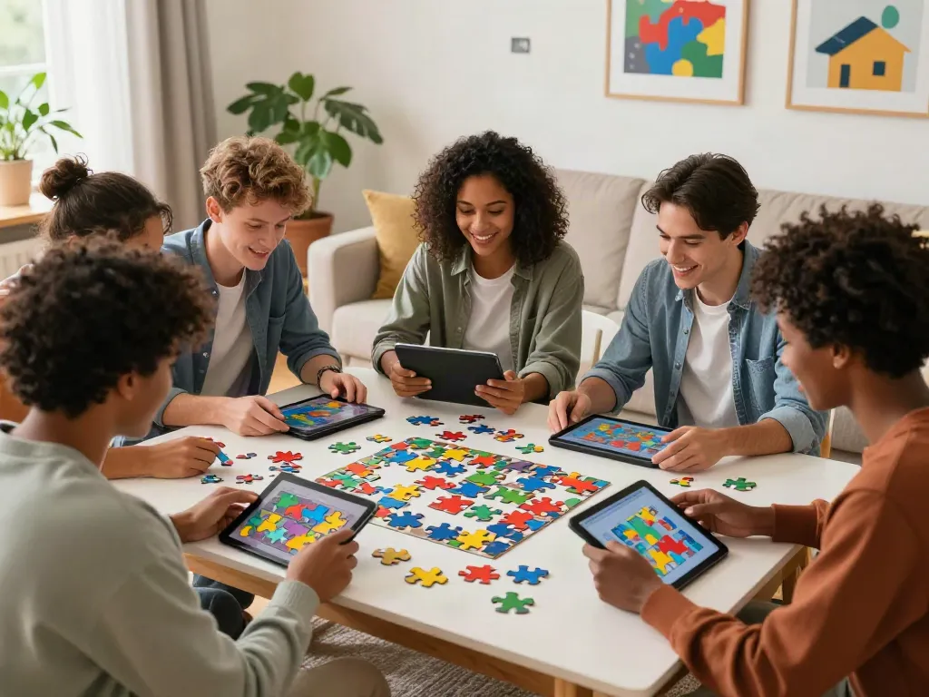 Friends enjoying puzzle games from puzzora.net in a cozy living room.