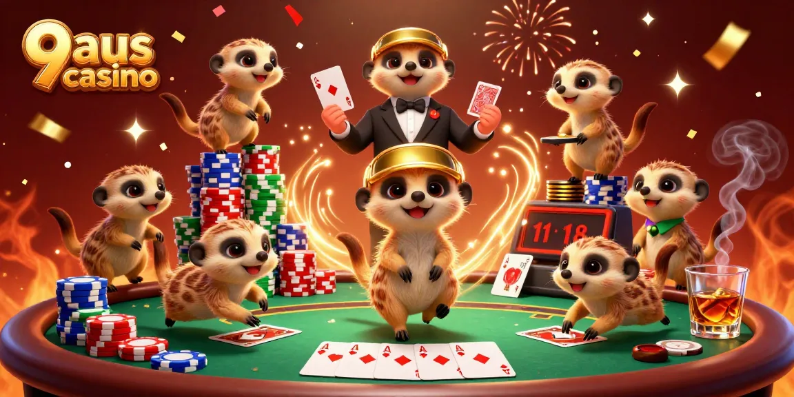 Experience the excitement at 9aus casino with playful meerkats managing a dynamic poker scene.