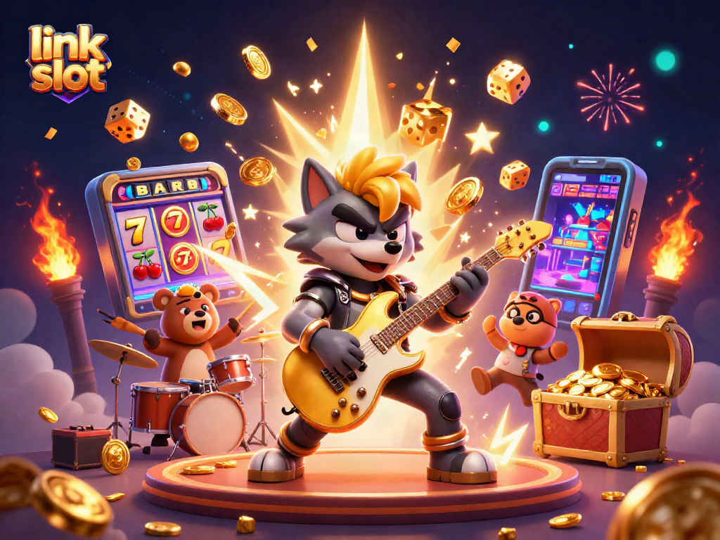 Experience the excitement of link slots with a vibrant 3D casino scene featuring animated characters and dynamic elements.