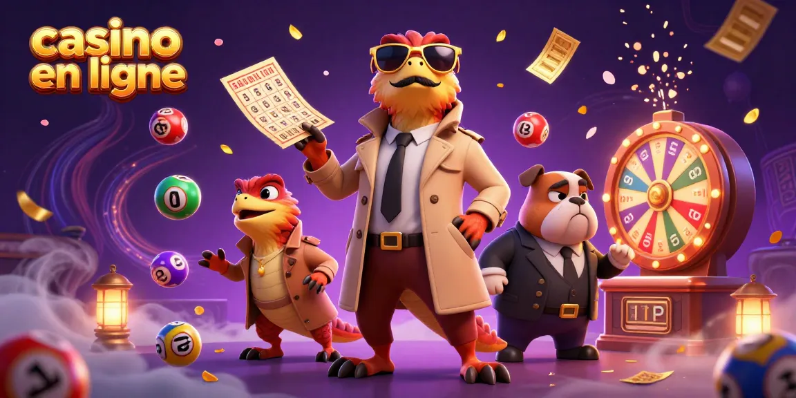 Les raptors déguisés tentent d'entrer dans un casino en ligne, entourés de boules de loterie colorées.