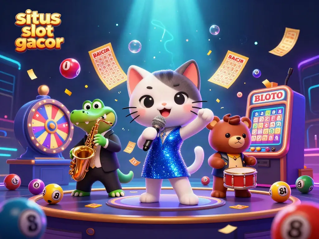Experience vibrant action at situs slot gacor with a lively jazz-singer cat and colorful gaming elements.