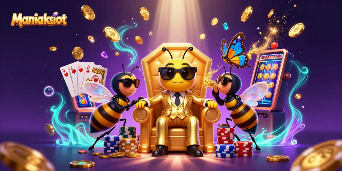Engage with Maniakslot's thrilling slots as golden coins flutter around characters in a vibrant casino setting.