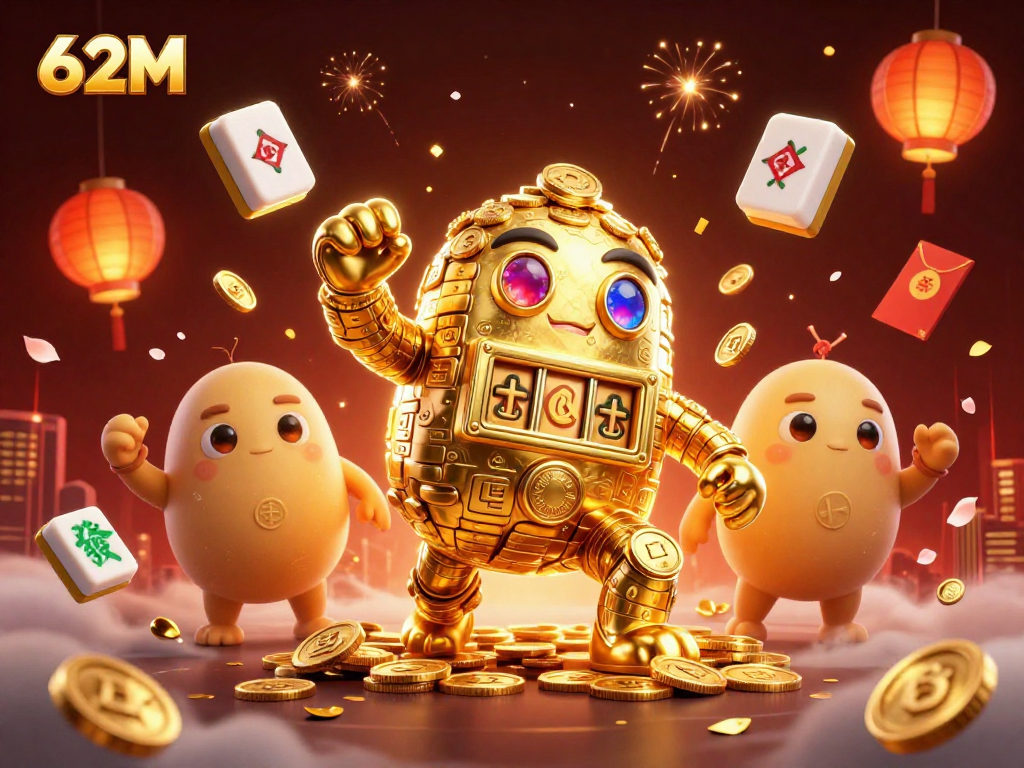 Golem dourado gira moedas e símbolos em meio a lanternas e elementos de jogo no 62M.