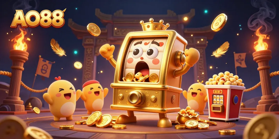 Celebrate big wins with AO88's golden slot machine jackpot and cheering companions.