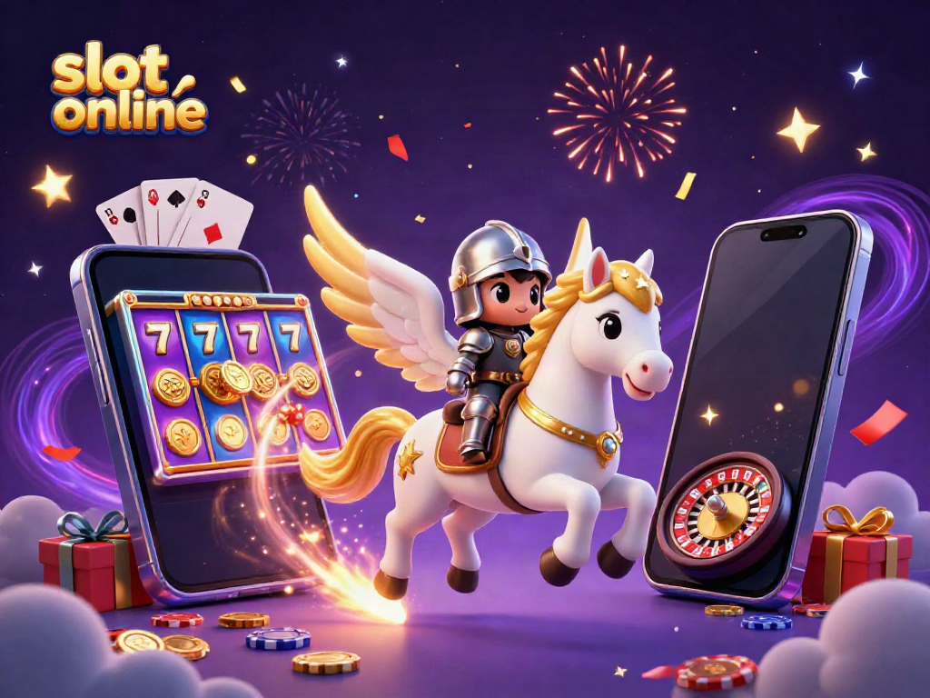 Slot online yang menarik dengan kuda bersayap dan karakter ksatria, dikelilingi elemen kasino.