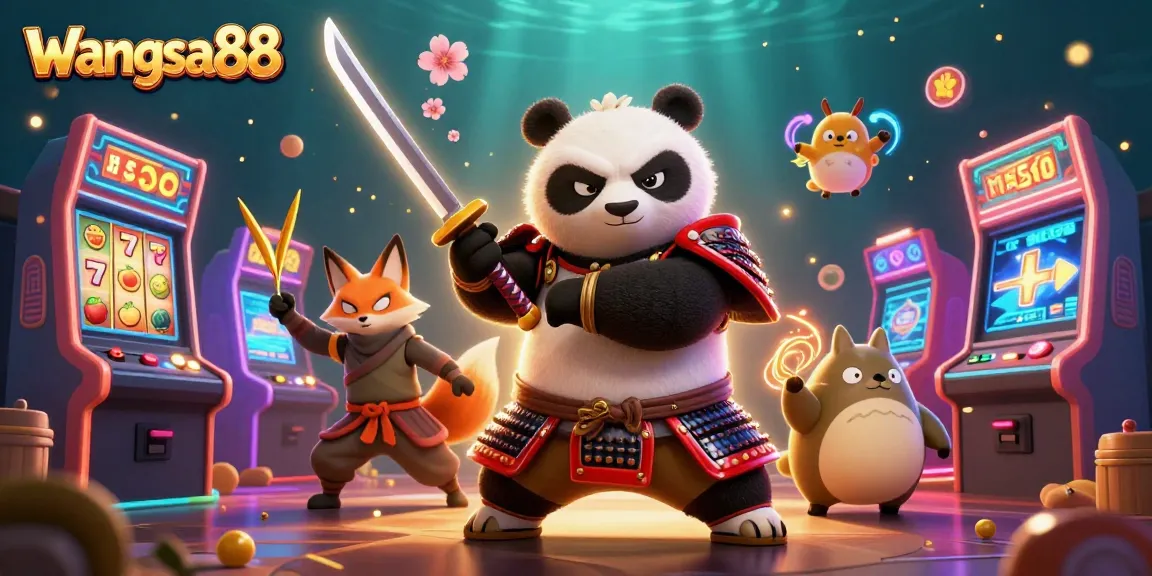 Engage in thrilling gaming at wangsa88 with samurai panda, ninja fox, and spirit tanuki in a vibrant casino scene.