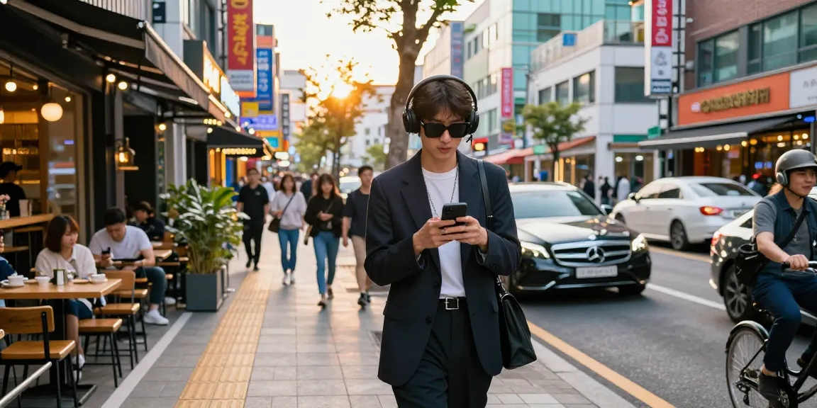 강남 세이렌 패션, 도시 풍경 속 스타일리시한 인물의 활기찬 모습