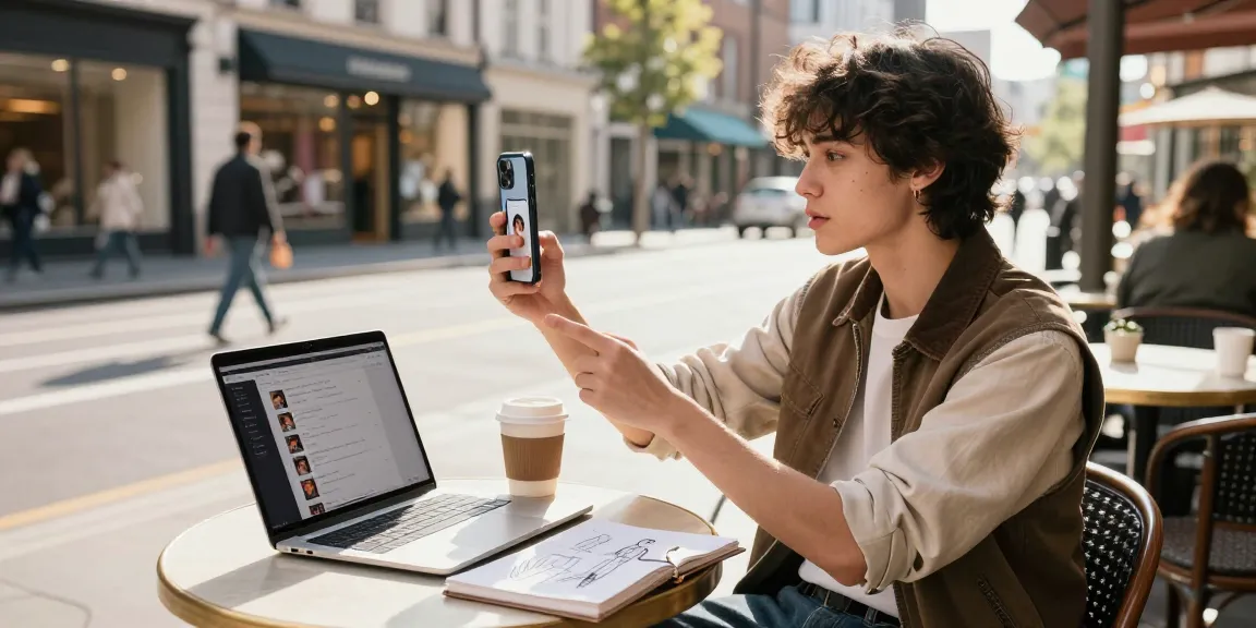 Young adult analyzing how old do I look using a smartphone app in a bustling café.