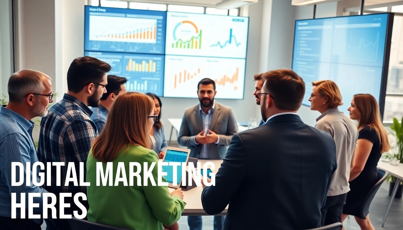 Digital Marketing Heroes collaborating in a modern office to create innovative strategies.