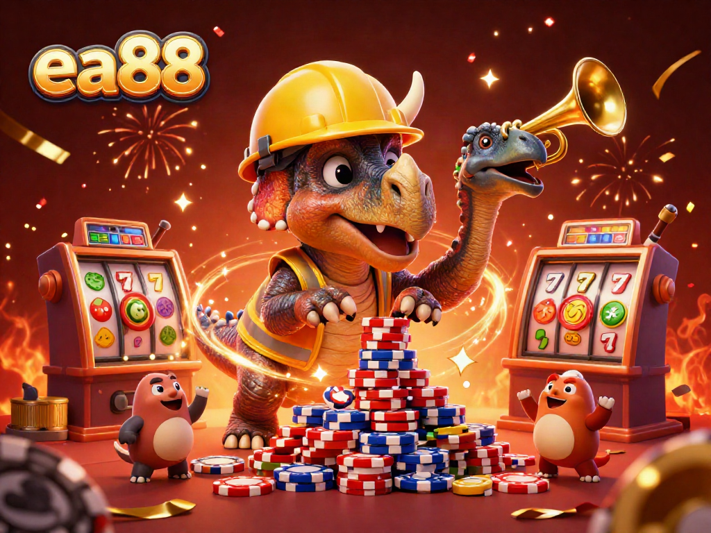 ea88 chúc mừng với những chú khủng long trong sòng bài và biểu tượng máy đánh bạc.