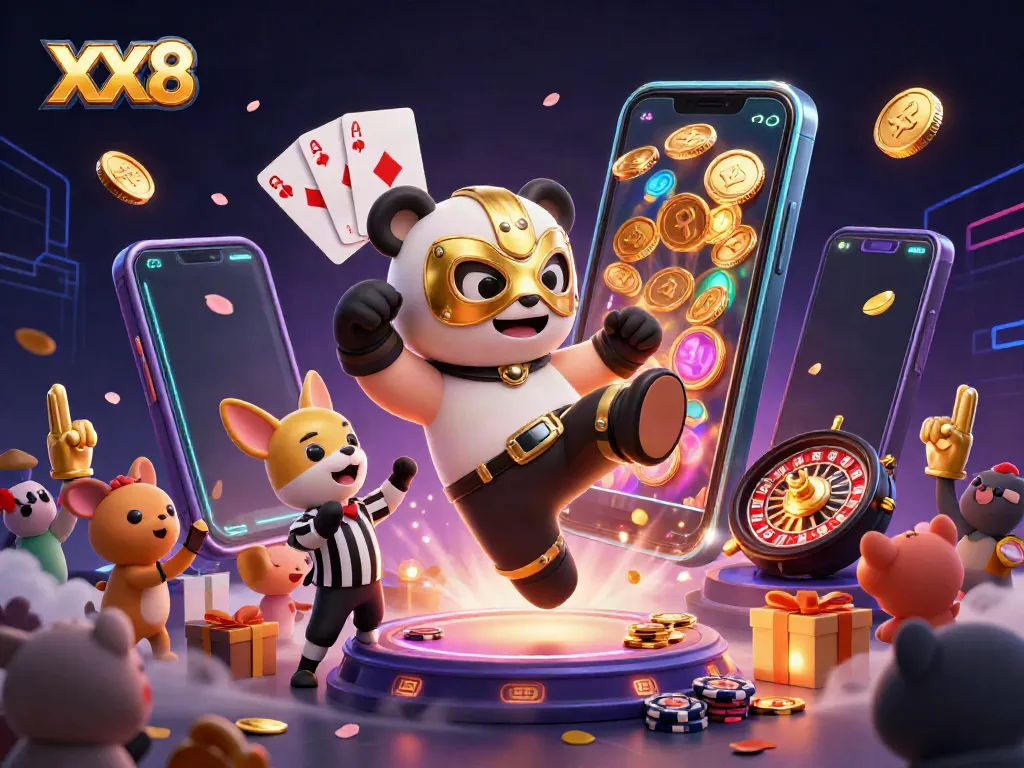 Witness XX8's thrilling game scene with a panda wrestler amid vibrant gambling elements.