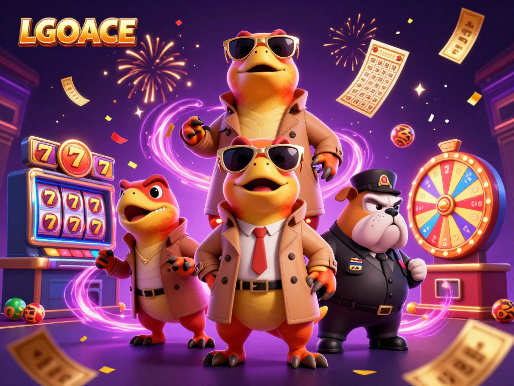 LGOACE showcases raptors in trench coats entering a casino lounge, highlighting vibrant slot reels.