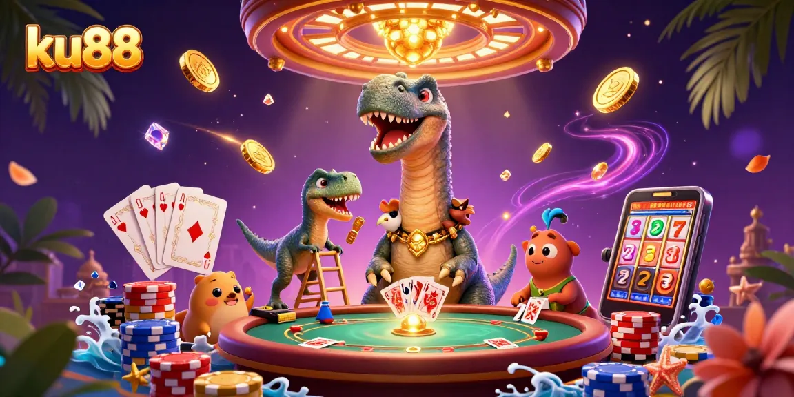 ku88 highlights thrilling casino gameplay with a vibrant brontosaurus and clever raptor in an exciting scene.
