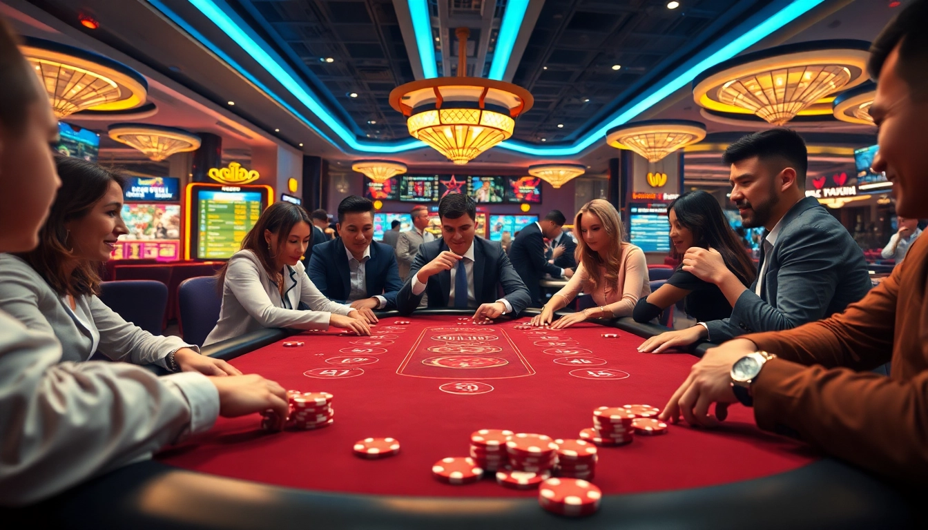 Merayakan keseruan ArusHoki Casino dengan pemain di meja poker dan suasana yang cerah.