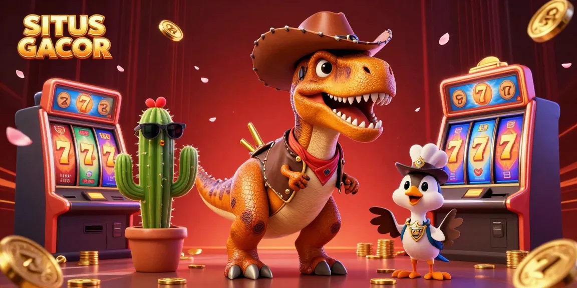 SITUS GACOR showcases a vibrant 3D casino scene with a dinosaur, slot machines, and energetic gambling elements.
