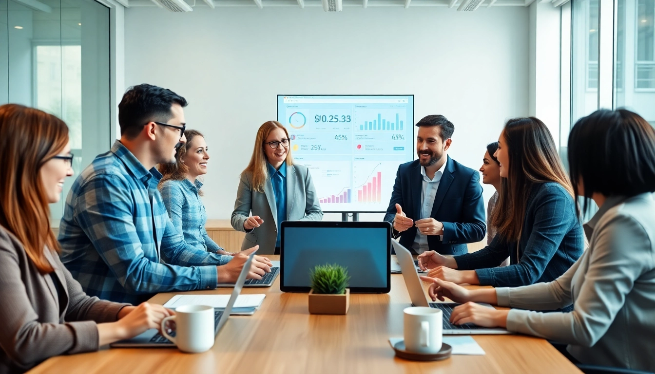 Sales team utilizing an AI sales tool in a modern office to enhance collaboration and performance.