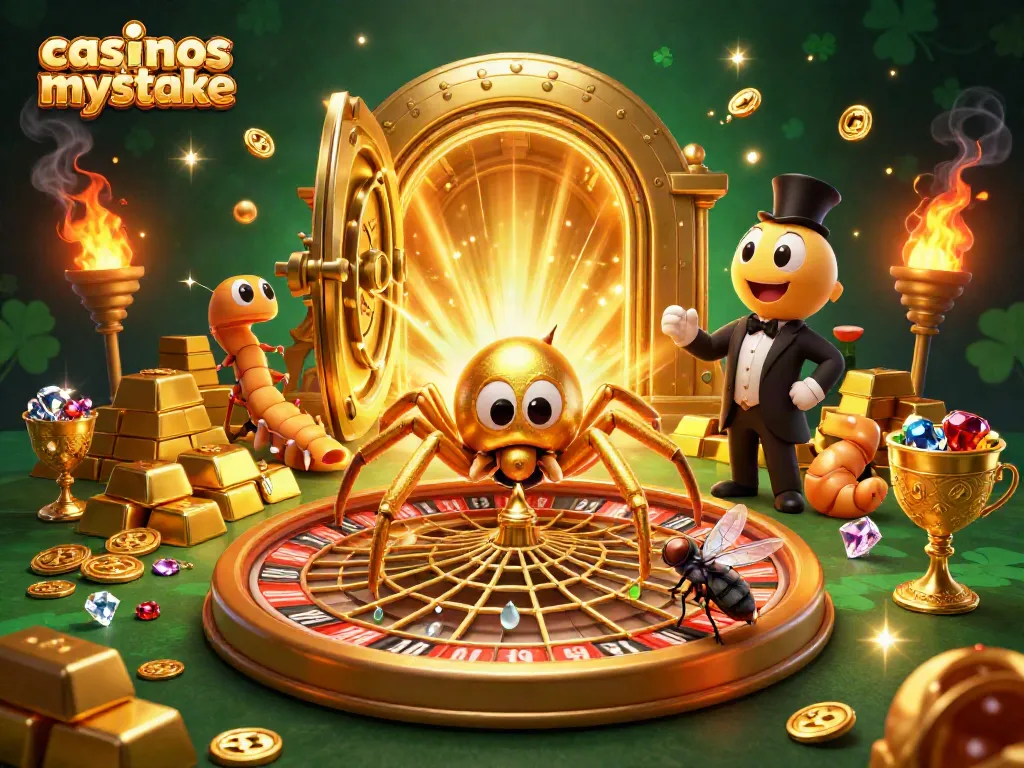 Experience thrilling betting action with casinos like mystake featuring a 3D illustration of a spider and croupier.